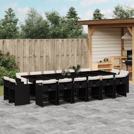 Vidaxl – Ensemble table et chaise de jardin 17 pcs – Résine tressée noire – Coussins amovibles et lavables – Table en verre trempé
