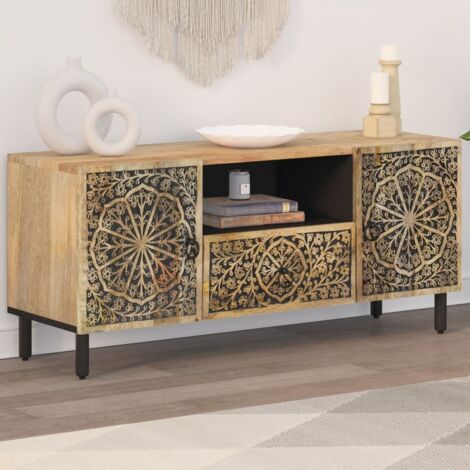 Vidaxl – Meuble TV en bois de manguier massif 105x33x46 cm – Motif sculpté à la main – Pieds en fer pour stabilité et durabilité (1/5)