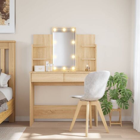 Vidaxl – Coiffeuse avec lumières LED – Chêne sonoma – 96x40x142 cm – 2 tiroirs et 4 étagères – Miroir utilitaire avec luminosité réglable