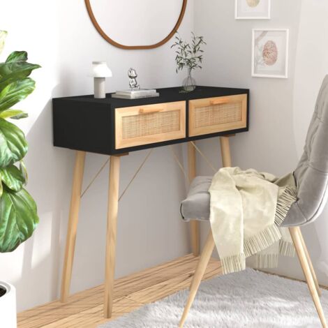Vidaxl – Table console noir 80x30x75 cm – Bois massif pin et rotin naturel – 2 tiroirs de rangement – Design scandinave élégant