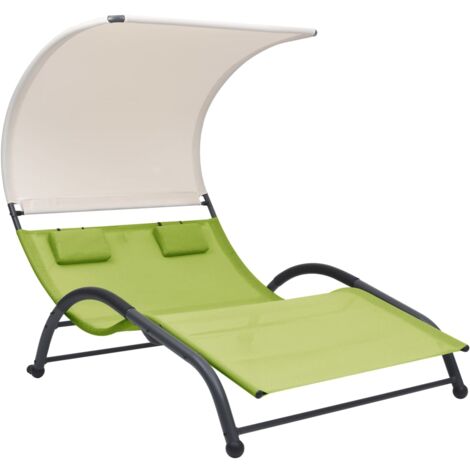 Chaise longue double avec auvent textilène vert vidaXL