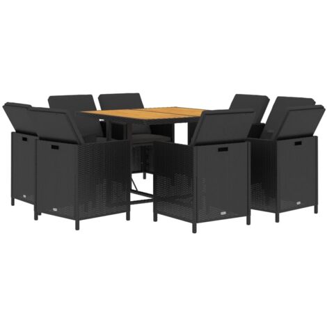 vidaXL Ensemble à manger de jardin coussins 9pcs Résine tressée Noir