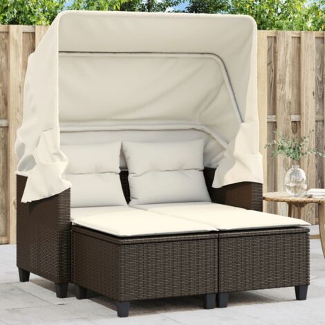 vidaXL Canapé de jardin 2 places avec auvent et tabourets marron rotin