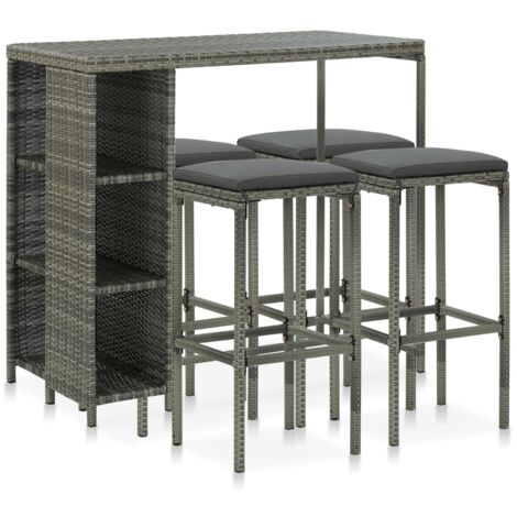 vidaXL 5 Piece Garden Bar Set with Cushions Poly Rattan Grey (313447+313477)