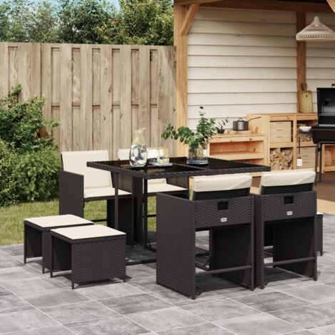 vidaXL Ensemble à manger de jardin 9pcs coussins noir résine tressée