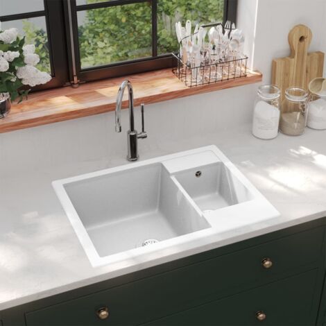 Vidaxl – Évier de cuisine 2 bacs blanc granit – Lavabo extra-profond – Résistant à la chaleur jusqu'à 280 °C – Montage au-dessus