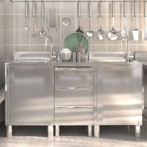 Vidaxl – Armoires de cuisine commerciales 3 pièces en acier inoxydable – Dimensions 50x60x95-96 cm – 3 tiroirs avec rails lisses – Dosseret 10 cm