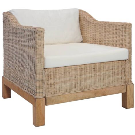 Vidaxl – Fauteuil de jardin en rotin naturel avec coussins épais – Cadre en bois robuste – Confort optimal – Pour usage quotidien