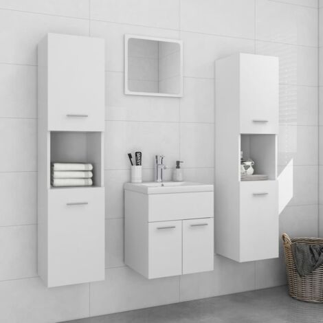 Vidaxl – Ensemble de meubles de salle de bain blanc aggloméré – Armoire d'évier 41x38,5x46 cm – 2 armoires hautes 30x30x130 cm – Miroir 40x1,5x37 cm
