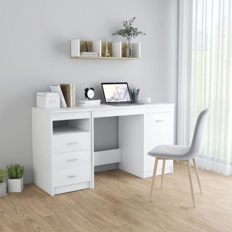Vidaxl – Bureau droit blanc 140x50x76 cm – Aggloméré avec 3 tiroirs et 1 porte – Facile à nettoyer et à assembler – Pour bureau à domicile