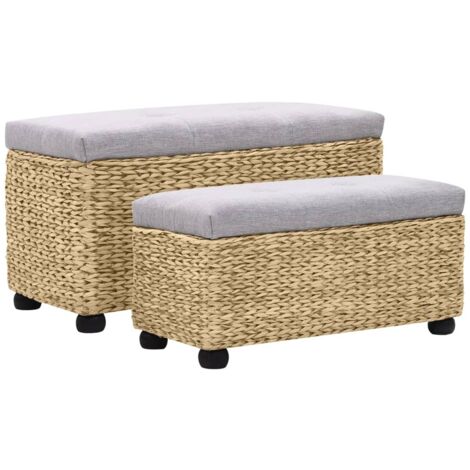 Vidaxl – Lot de 2 bancs en jacinthe d'eau gris – Dimensions 85x40x45cm et 76x32x35cm – Coussins épais 8cm – Pieds en bois de peuplier massif