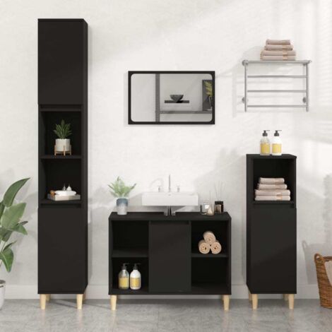 Vidaxl – Meuble sous vasque noir 80x33x60 cm – Bois d'ingénierie résistant à l'humidité – Installation flexible de la porte – Pieds en bois d'eucalyptus massif (1/6)