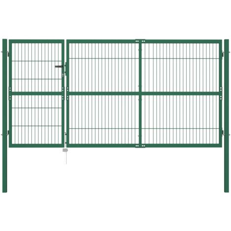 Vidaxl – Portail de clôture en acier vert 350x140 cm – Résistant à la rouille – Poteaux inclus – Serrure avec 3 clés – Assemblage facile