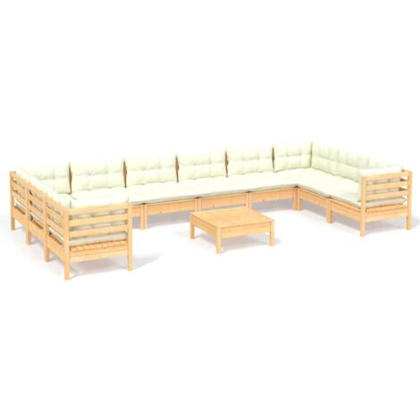 Salon de jardin 11 pcs avec coussins crème bois de pin vidaXL (1/5)