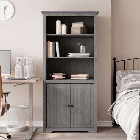Vidaxl – Bibliothèque BODO gris 82x40x173 cm – Bois de pin massif – 3 étagères ouvertes et 2 compartiments – Style français