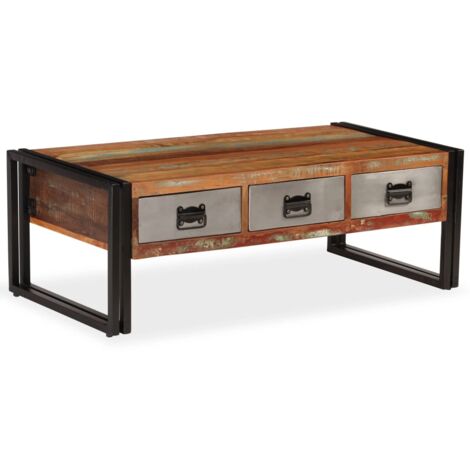 Vidaxl – Table basse fixe vintage en bois de récupération 100x50x35 cm – 3 tiroirs – Pieds en acier – Surface polie et laquée (1/5)