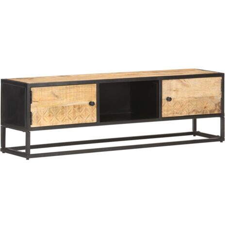 Vidaxl – Meuble TV en bois de manguier brut 130x30x40cm – 2 portes sculptées – 3 compartiments – Cadre en fer enduit de poudre (1/5)