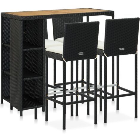 Vidaxl – Ensemble de bar de jardin 5 pcs – Résine tressée noire – Coussins épais amovibles – Dimensions table 120x60x110 cm, tabouret 40x44x108 cm