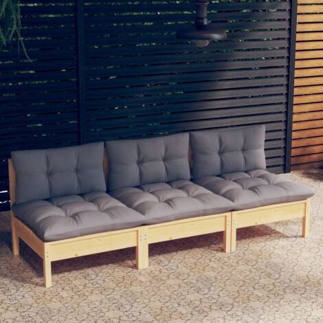Canapé 3 places de jardin et coussins gris Bois de pin solide vidaXL
