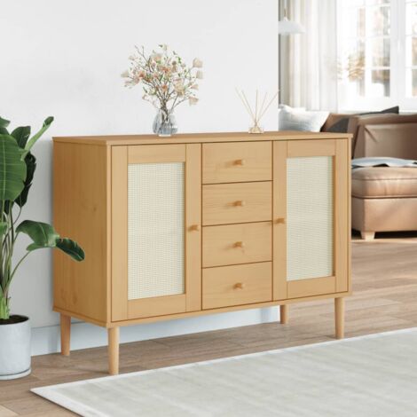 Vidaxl – Buffet SENJA aspect rotin marron 112x40x80cm – Bois massif de pin avec finition vernis UV – 4 tiroirs et 4 compartiments de rangement (1/5)