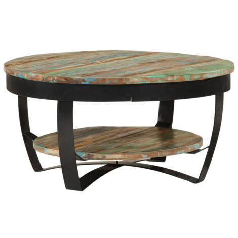 Vidaxl – Table basse fixe en bois massif de récupération 65x32 cm – Style industriel – Surface polie et laquée – Avec étagère intégrée