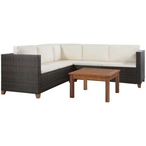 Minkurow – Salon de jardin 4 pcs résine tressée marron – 2 canapés 2 places et 1 canapé d'angle – Table basse en bois d'acacia – Coussins confortables (1/5)