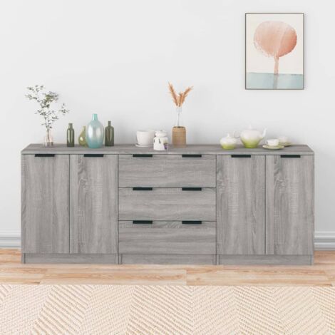 Vidaxl – Buffet 3 pcs gris sonoma en bois d'ingénierie – Dimensions 60 x 30 x 70 cm – 2 portes et 3 tiroirs – Dispositif de fixation murale inclus