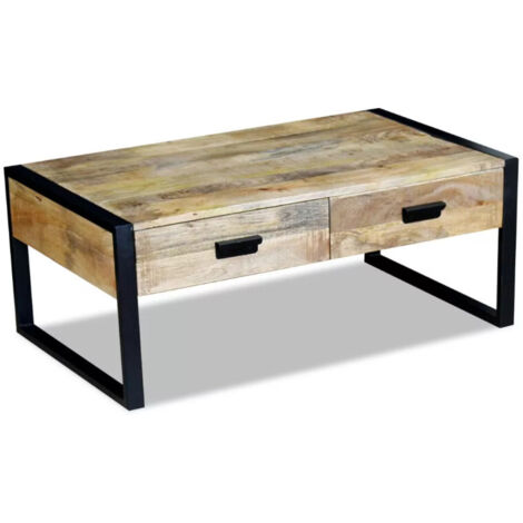 Vidaxl – Table basse fixe en bois de manguier massif 100 x 60 x 40 cm – 2 tiroirs – Style vintage et pieds en fer – Fait main (1/4)