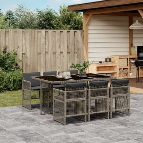 Vidaxl – Ensemble table et chaises de jardin 7 pcs – Résine tressée gris – Coussins épais amovibles – Dessus en verre trempé