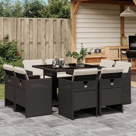 Vidaxl – Ensemble table et chaises de jardin 9 places – Résine tressée noire – Coussins épais en polyester – Table 110x106cm avec verre trempé (1/6)