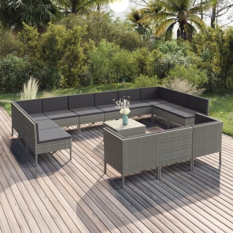 vidaXL Salon de jardin 14 pcs avec coussins Résine tressée Gris (1/5)