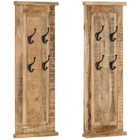 Vidaxl – Porte-manteau mural 2 pcs en bois de manguier massif 38x100 cm – 4 crochets en fer forgé – Résistant à l'usure du temps