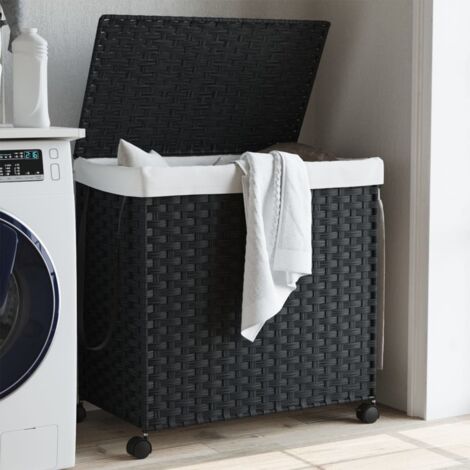 Vidaxl – Panier à linge noir avec roulettes – 3 compartiments pour tri – Dimensions 60x35x60,5 cm – Tissé en rotin naturel avec sac amovible