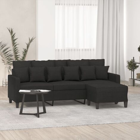 Vidaxl – Canapé droit 3 places avec repose-pieds – Tissu noir – Longueur 180 cm – Structure en contreplaqué et métal – Confort optimal