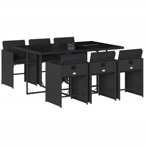 Vidaxl – Ensemble table et chaise de jardin 7pcs – Résine tressée noire – Coussins amovibles et lavables – Table en verre trempé 165x106x73cm
