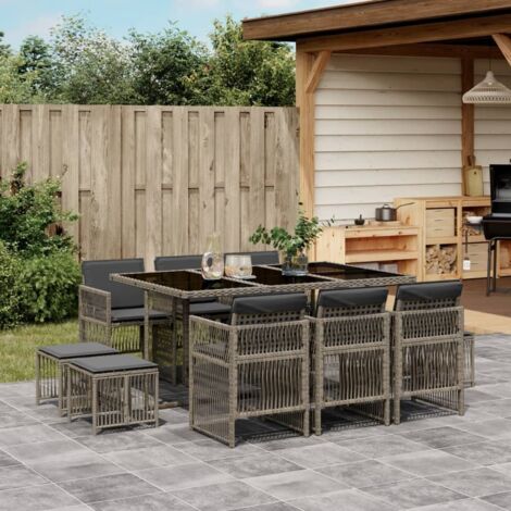 vidaXL Ensemble à manger de jardin 11pcs avec coussins gris poly rotin