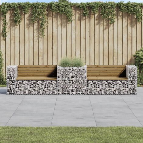 Vidaxl – Banc de jardin en bois de pin imprégné – Panier en gabion acier galvanisé – Dimensions 314 x 71 x 65,5 cm – Charge max 110 kg (1/5)