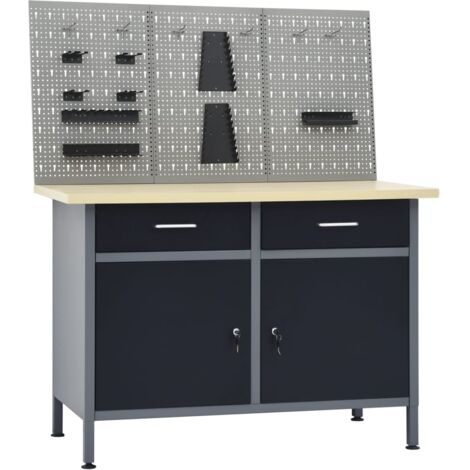 Vidaxl – Établi modulable 120 cm avec 3 panneaux muraux – Capacité de charge 500 kg – 2 tiroirs à roulement à billes – Acier et bois d'ingénierie (1/4)
