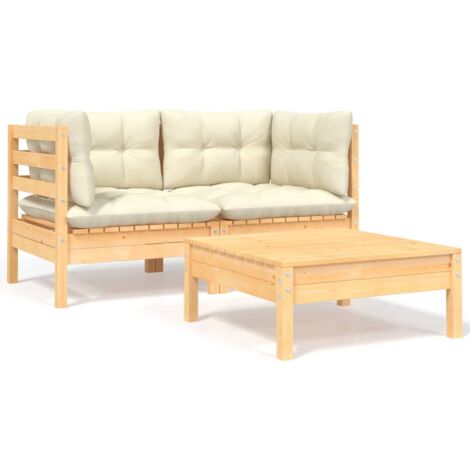 vidaXL 3 Piece Garden Lounge Set with Cream Cushions Solid Wood Pine