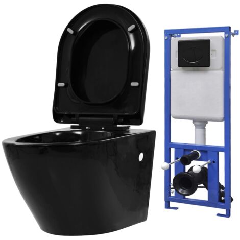 Vidaxl – Toilette suspendue murale céramique noire – Réservoir dissimulé – Système de fermeture douce – Chasse d'eau 3/6L – Facilité d'entretien (1/9)