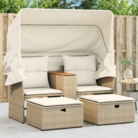 Vidaxl – Canapé de jardin 2 places beige en résine tressée avec auvent rétractable et table centrale – Rangement sous les sièges – Capacité 110 kg