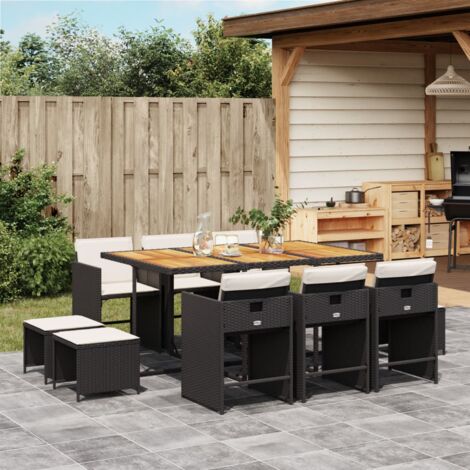 Vidaxl – Ensemble table et chaises de jardin 11 pcs – Résine tressée noire – Coussins épais – Dossier rabattable pour rangement compact