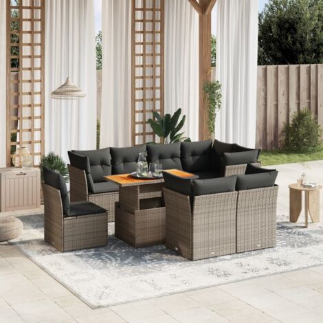 vidaXL Salon de jardin 9 pcs avec coussins gris résine tressée
