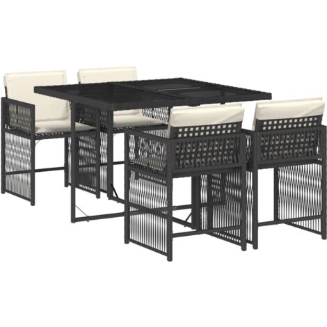 Vidaxl – Ensemble table et chaise de jardin 5 places – Résine tressée noire – Coussins amovibles et lavables – Verre trempé – Rangement compact