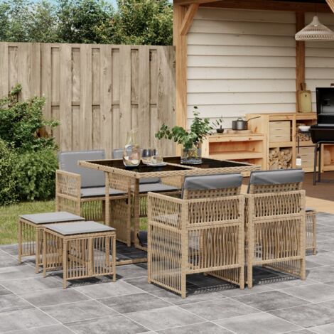 Vidaxl – Ensemble à manger de jardin 9 pcs – Résine tressée et acier – Table 110x106x73 cm – Chaises avec dossier rabattable – Coussins épais gris clair