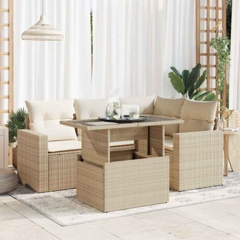 Vidaxl – Salon de jardin 5 pcs beige – Résine tressée résistante aux intempéries – Coussins amovibles et lavables – Table réglable en hauteur