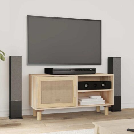 Vidaxl – Meuble TV en bois massif de pin 80x30x40 cm – 3 compartiments de rangement – Tressage en rotin naturel – Style classique
