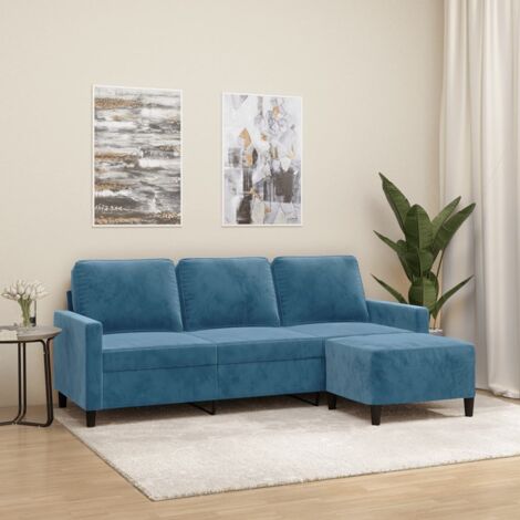 Vidaxl – Canapé droit 3 places avec repose-pieds – Velours bleu 180 cm – Structure robuste en métal et contreplaqué – Confort optimal avec coussins rembourrés