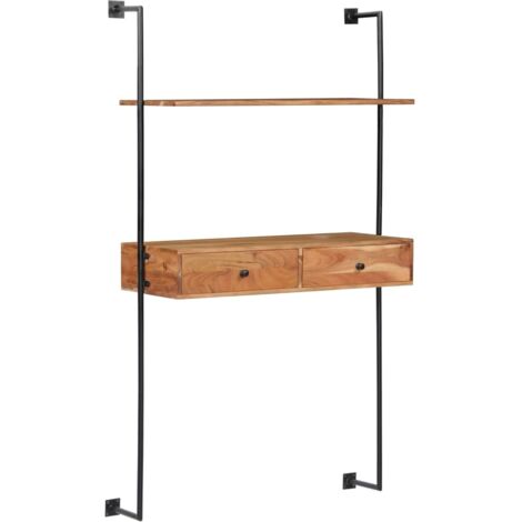 Vidaxl – Bureau mural en bois d'acacia 90x40x170 cm – 2 tiroirs et étagère – Finition polie et laquée – Fer enduit de poudre pour fixation murale (1/5)