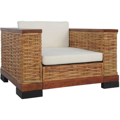 Vidaxl – Fauteuil de jardin en rotin naturel avec coussins épais – Cadre en bois de manguier – Dimensions 94x78x66 cm – Confort optimal intérieur (1/8)